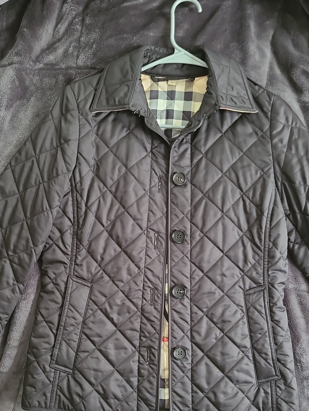 Authentic Burberry Quilted Jacket Black Small Nova Check Undercollar Barn Coat